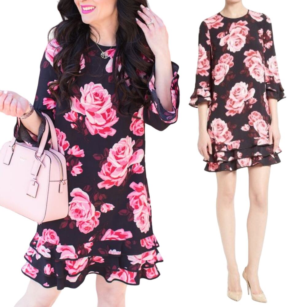 Kate Spade Rosa Ruffle Mini Shift Dress Rose Floral Print Black Pink Womens M